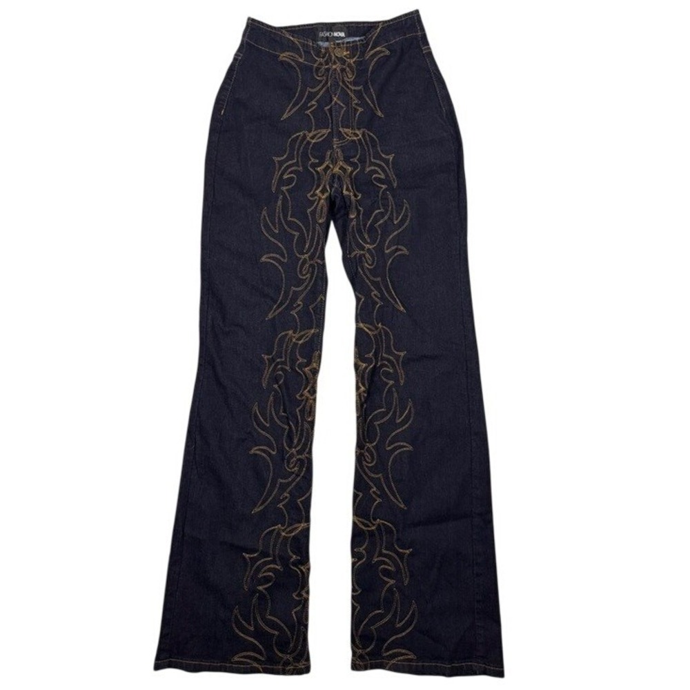 Fashion Nova Womens Tribal Embroidered Flare Jeans Dark Wash High Rise HKC20 9